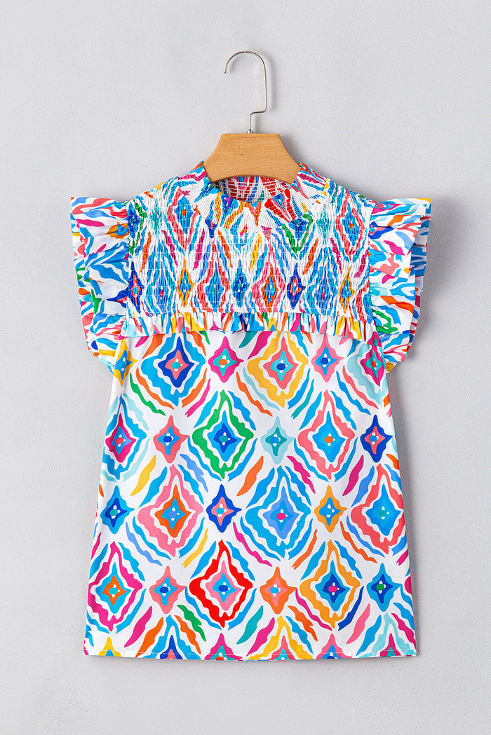 Light Blue Geometric Printed Flutter Sleeve Mock Neck Shirred Blouse - Tops/Blouses & Shirts