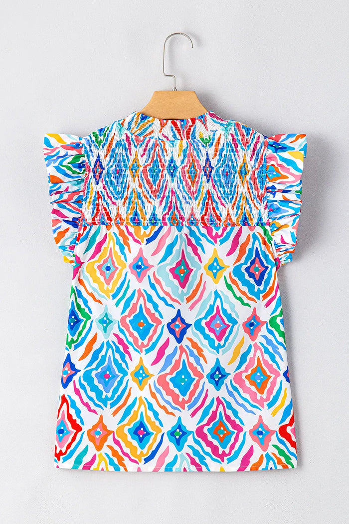 Light Blue Geometric Printed Flutter Sleeve Mock Neck Shirred Blouse - Tops/Blouses & Shirts