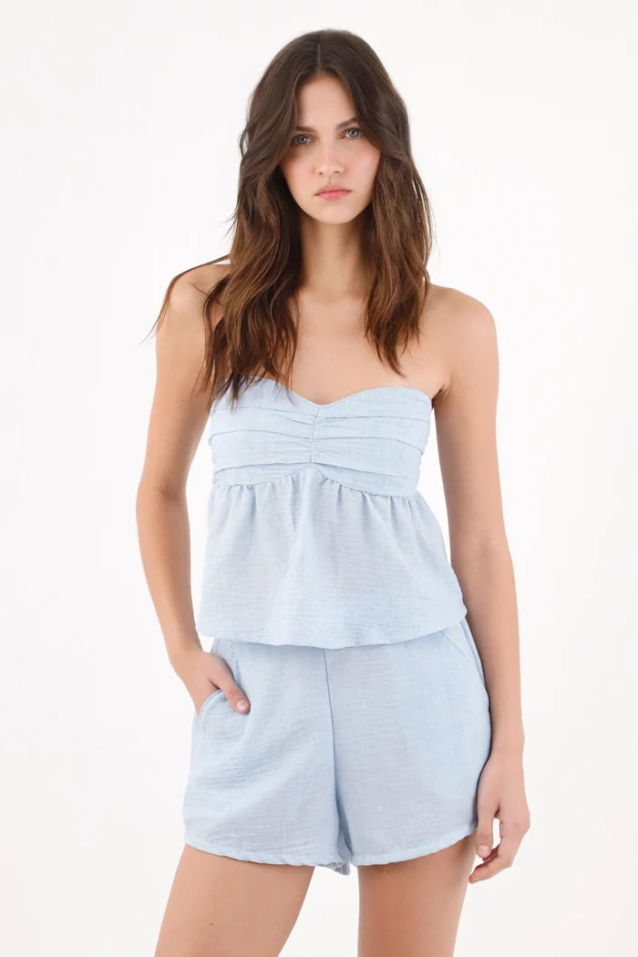 Light Blue Polyester Strapless Top for Women with Peplum Cut and Pleats at the Bust