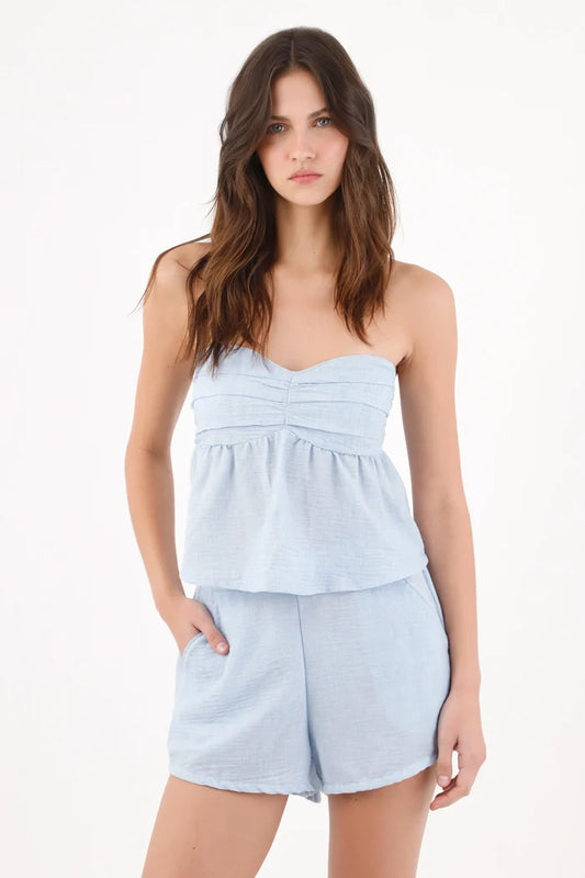 Light Blue Polyester Strapless Top for Women with Peplum Cut and Pleats at the Bust