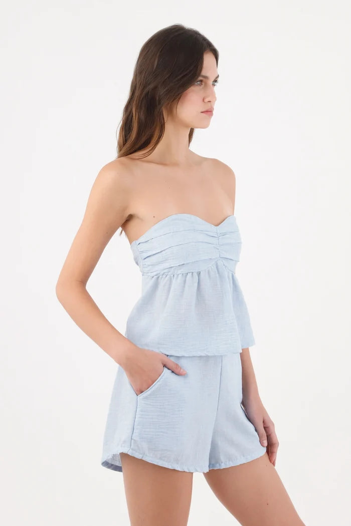Light Blue Polyester Strapless Top for Women with Peplum Cut and Pleats at the Bust