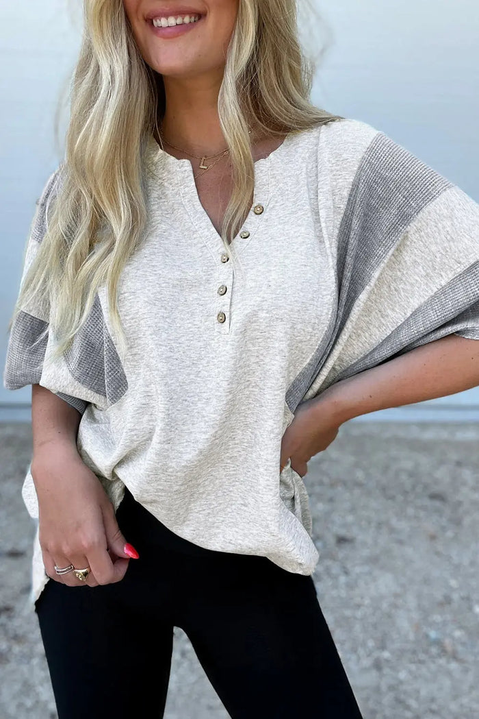 Light Grey Two Tone Contrast Waffle Knit Patched Buttoned V Neck Top - S / 85% Polyester + 10% Cotton + 5% Elastane
