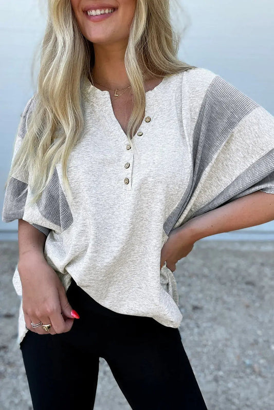 Light Grey Two Tone Contrast Waffle Knit Patched Buttoned V Neck Top - S / 85% Polyester + 10% Cotton + 5% Elastane