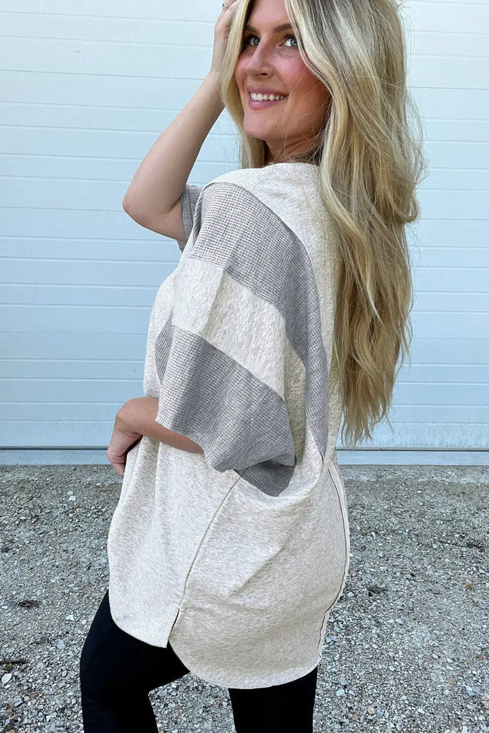 Light Grey Two Tone Contrast Waffle Knit Patched Buttoned V Neck Top - Tops/Tops & Tees