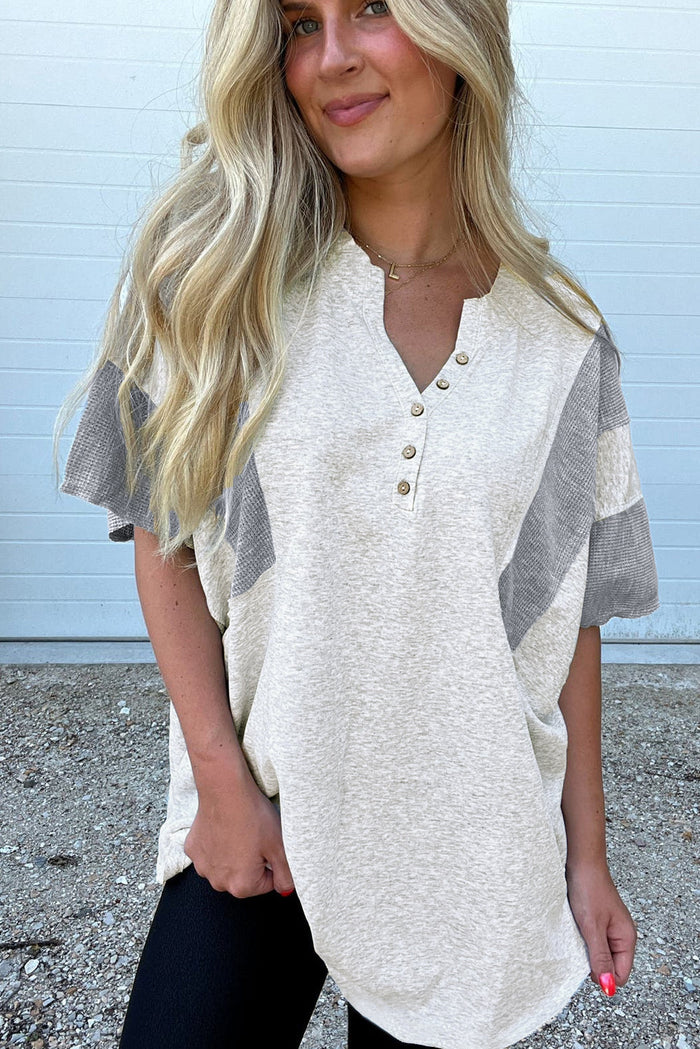 Light Grey Two Tone Contrast Waffle Knit Patched Buttoned V Neck Top - Tops/Tops & Tees