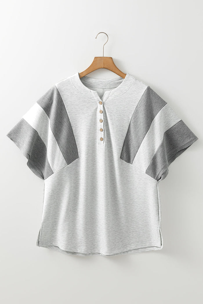 Light Grey Two Tone Contrast Waffle Knit Patched Buttoned V Neck Top - Tops/Tops & Tees