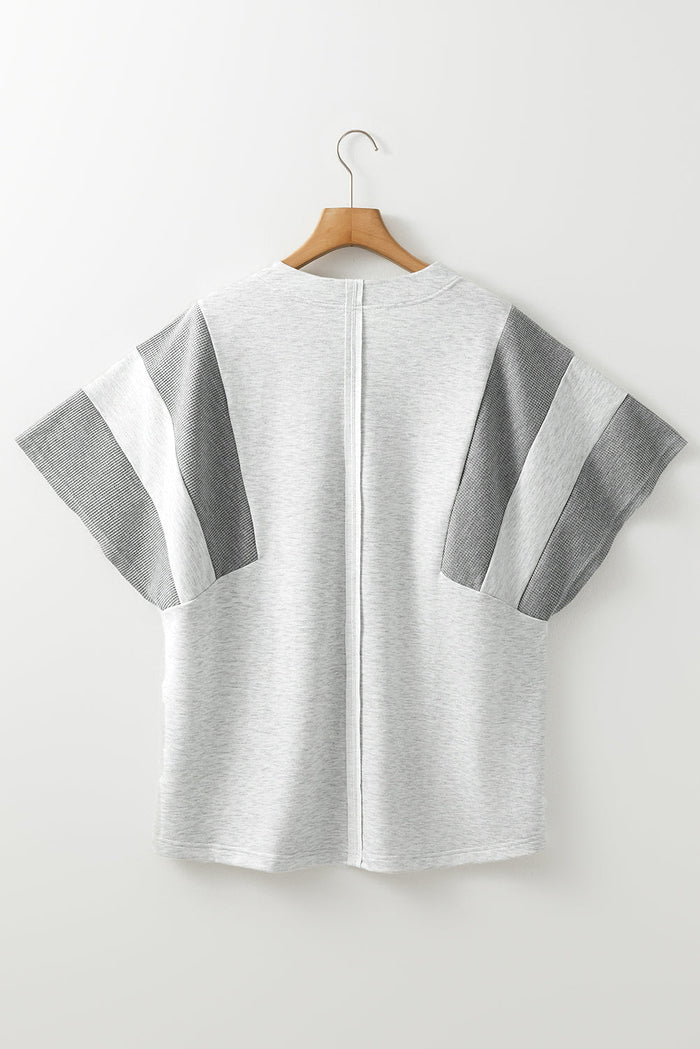 Light Grey Two Tone Contrast Waffle Knit Patched Buttoned V Neck Top - Tops/Tops & Tees