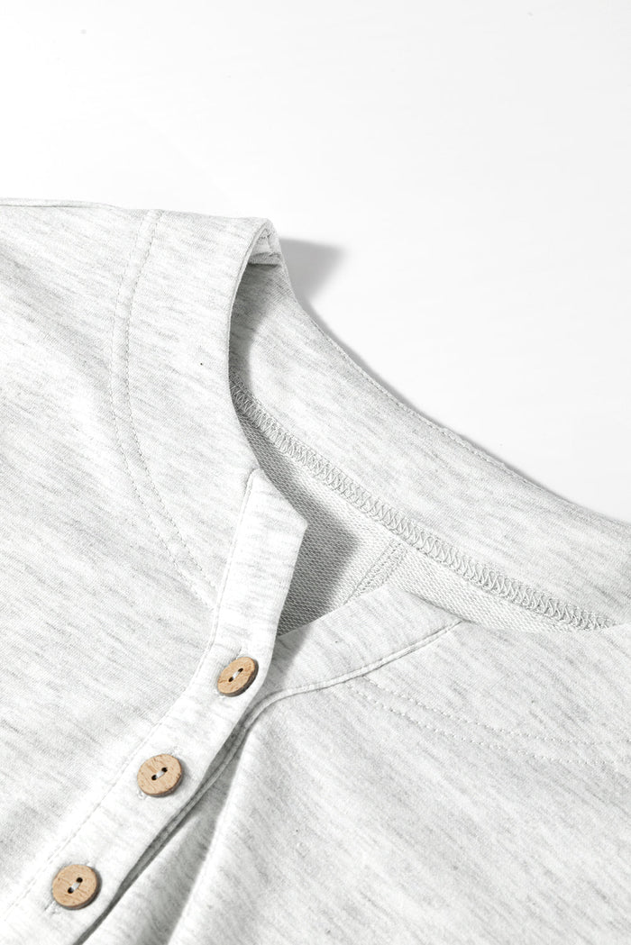 Light Grey Two Tone Contrast Waffle Knit Patched Buttoned V Neck Top - Tops/Tops & Tees