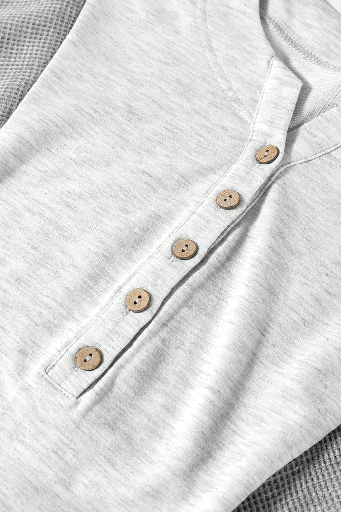 Light Grey Two Tone Contrast Waffle Knit Patched Buttoned V Neck Top - Tops/Tops & Tees