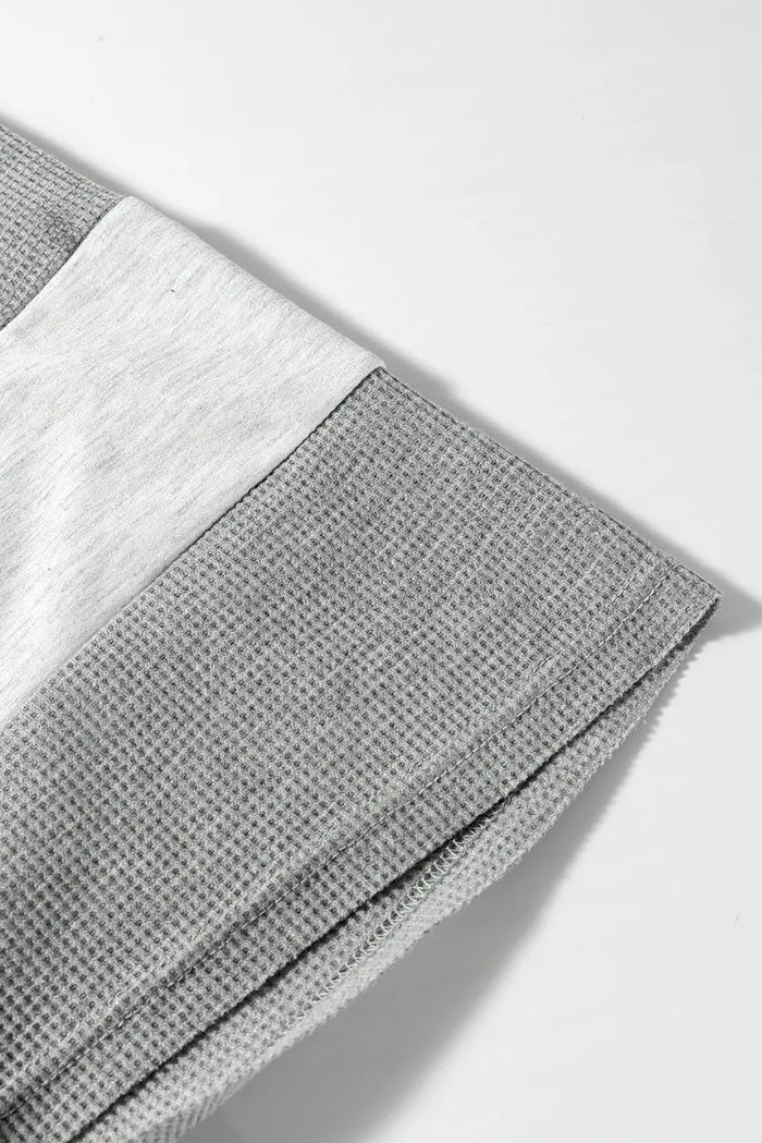 Light Grey Two Tone Contrast Waffle Knit Patched Buttoned V Neck Top - Tops/Tops & Tees