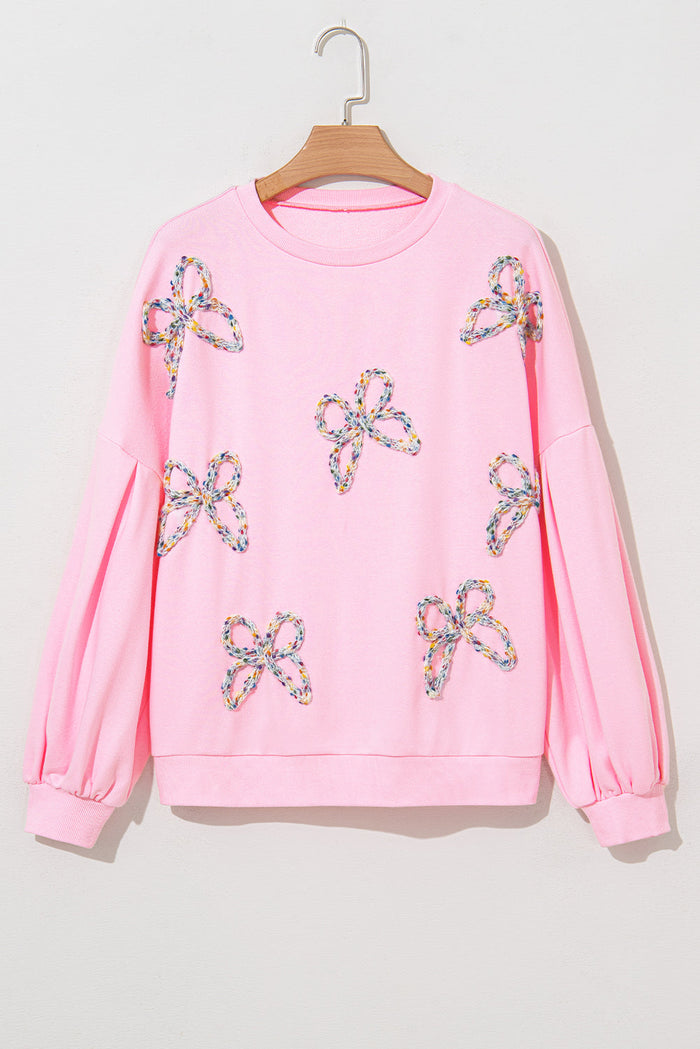 Light Pink Embroidered Bow Lantern Sleeve Oversized Pullover Sweatshirt - LIGHT PINK / S / 65% POLYESTER + 35% COTTON