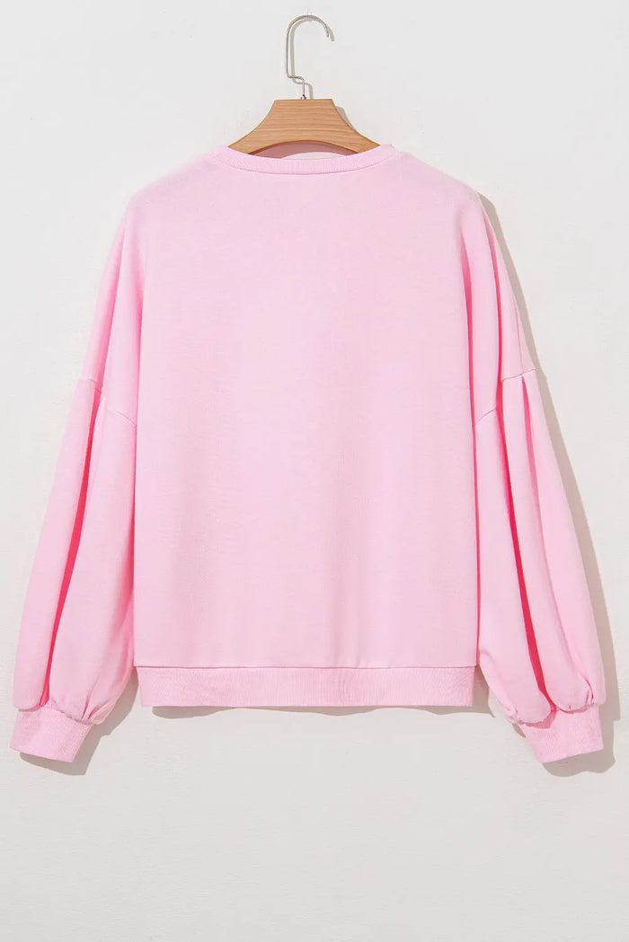 Light Pink Embroidered Bow Lantern Sleeve Oversized Pullover Sweatshirt - Tops/Sweatshirts & Hoodies