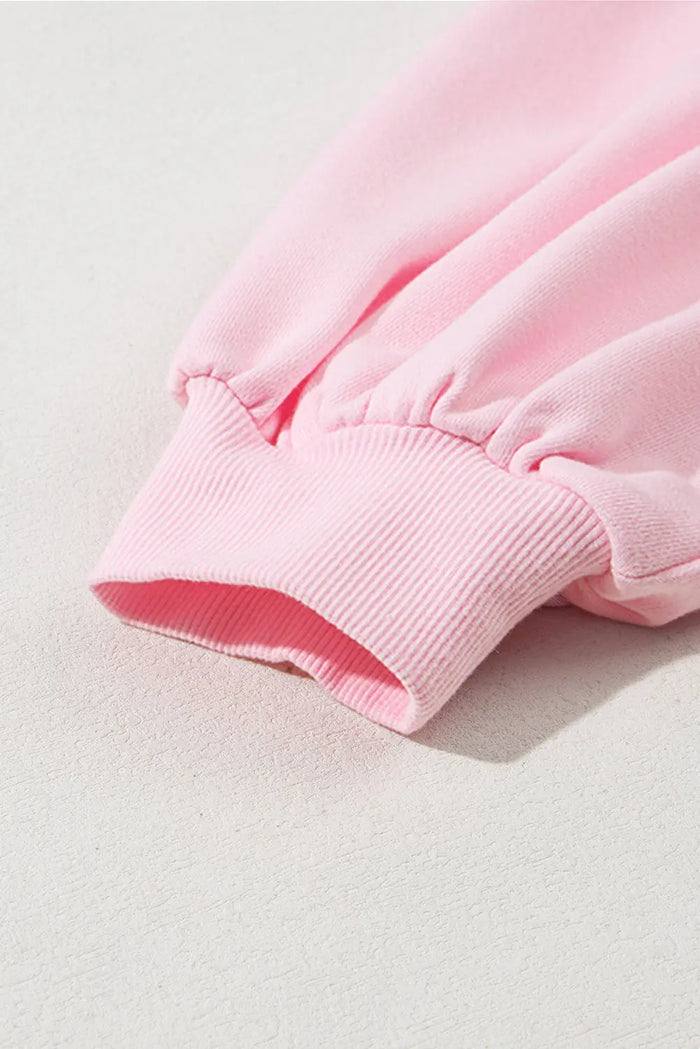 Light Pink Embroidered Bow Lantern Sleeve Oversized Pullover Sweatshirt - Tops/Sweatshirts & Hoodies