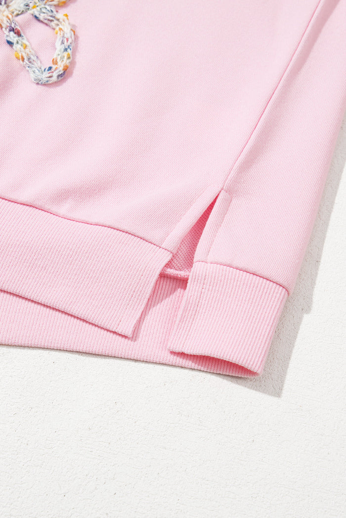 Light Pink Embroidered Bow Lantern Sleeve Oversized Pullover Sweatshirt - Tops/Sweatshirts & Hoodies