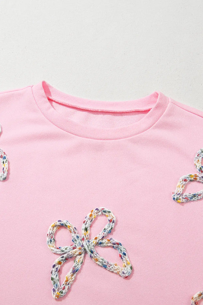 Light Pink Embroidered Bow Lantern Sleeve Oversized Pullover Sweatshirt - Tops/Sweatshirts & Hoodies