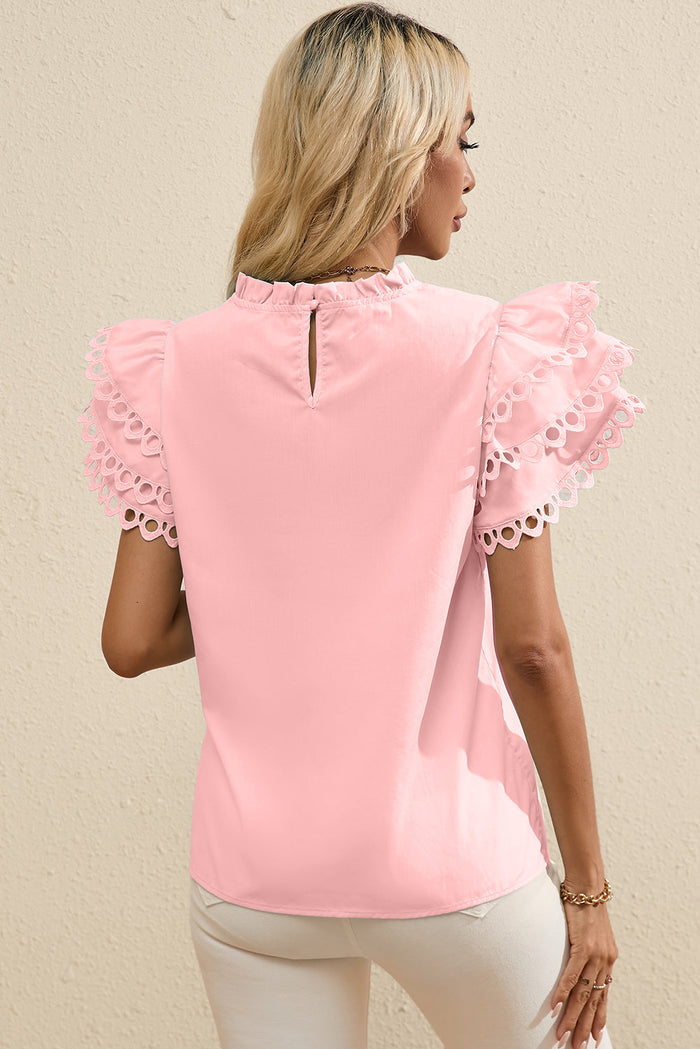 Light Pink Layered Ric Rac Cap Sleeve Frilled Neck Blouse - Tops/Blouses & Shirts