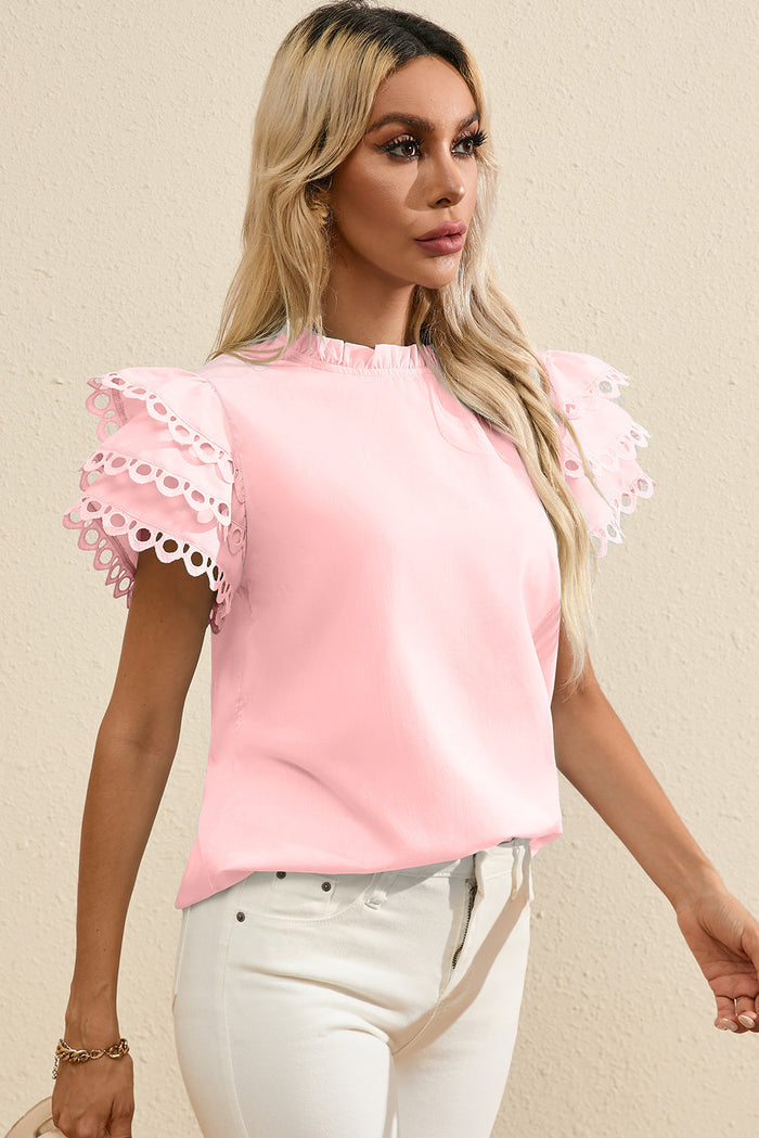 Light Pink Layered Ric Rac Cap Sleeve Frilled Neck Blouse - Tops/Blouses & Shirts