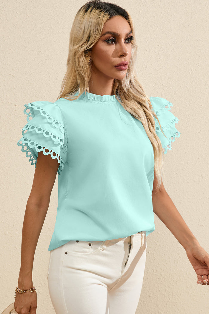 Light Pink Layered Ric Rac Cap Sleeve Frilled Neck Blouse - Tops/Blouses & Shirts