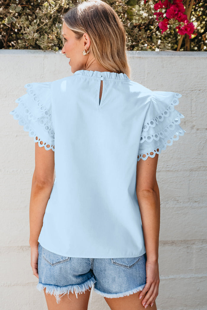 Light Pink Layered Ric Rac Cap Sleeve Frilled Neck Blouse - Tops/Blouses & Shirts