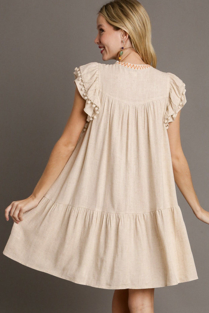 Linen Embroidery Split Neck Pom Ruffle Sleeves Flowy Short Dress - Dresses/Mini Dresses