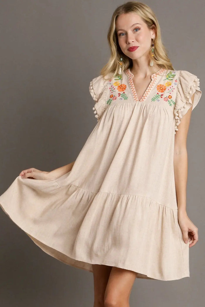 Linen Embroidery Split Neck Pom Ruffle Sleeves Flowy Short Dress - Dresses/Mini Dresses