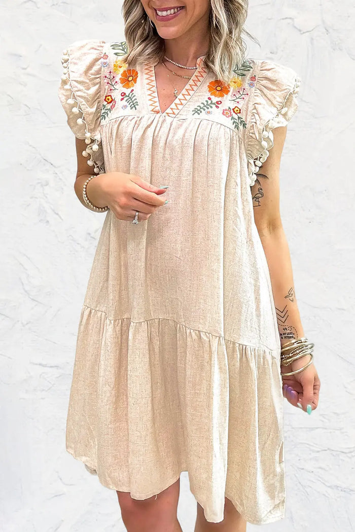 Linen Embroidery Split Neck Pom Ruffle Sleeves Flowy Short Dress - Dresses/Mini Dresses