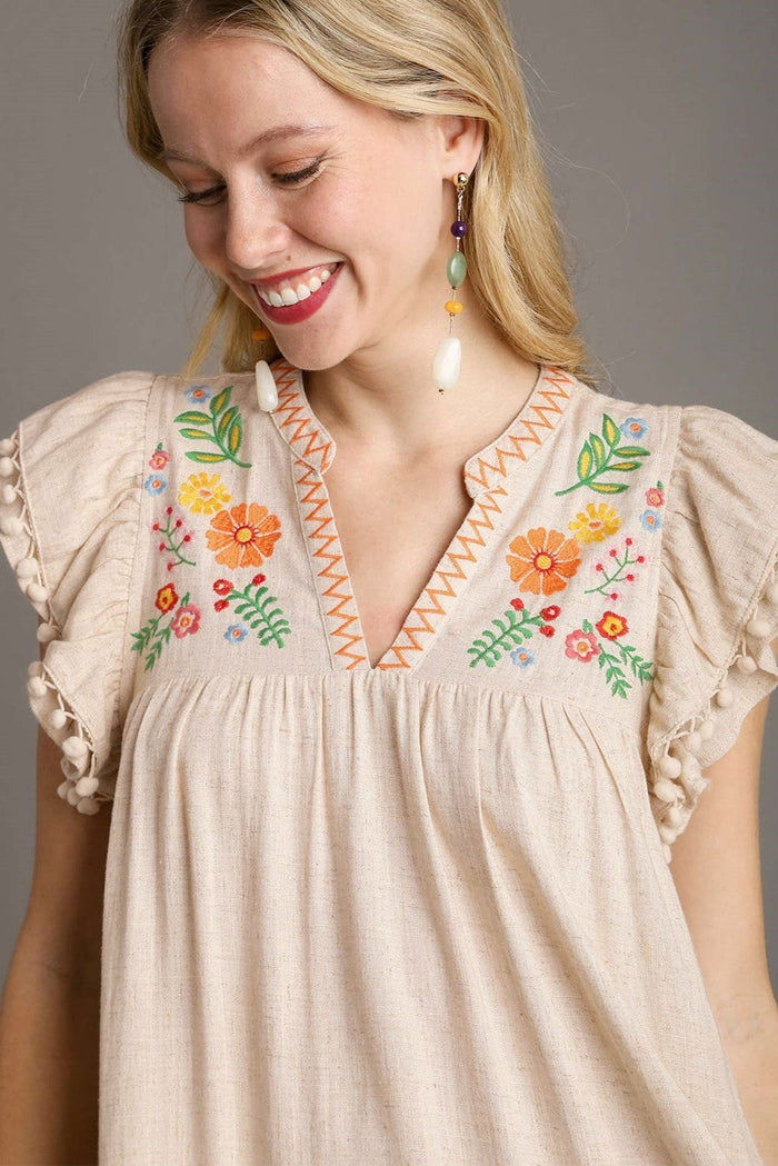 Linen Embroidery Split Neck Pom Ruffle Sleeves Flowy Short Dress - Dresses/Mini Dresses