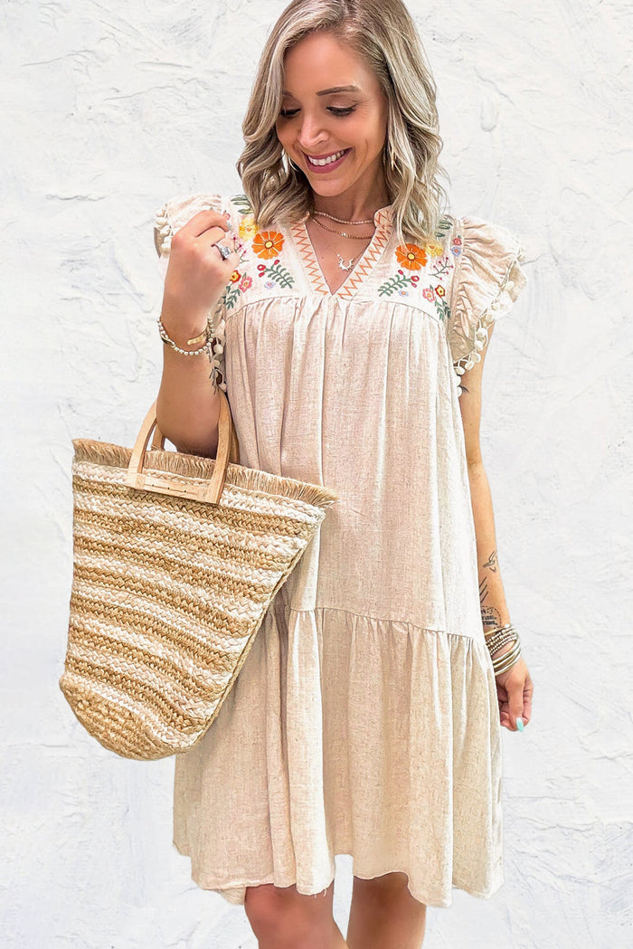 Linen Embroidery Split Neck Pom Ruffle Sleeves Flowy Short Dress - Dresses/Mini Dresses