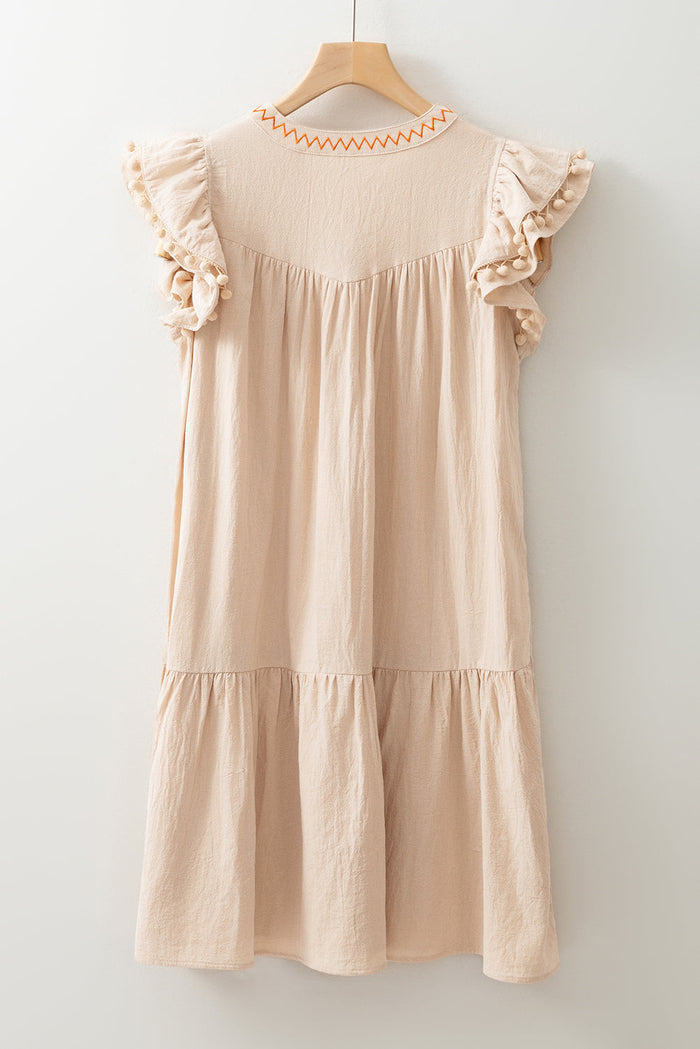 Linen Embroidery Split Neck Pom Ruffle Sleeves Flowy Short Dress - Dresses/Mini Dresses