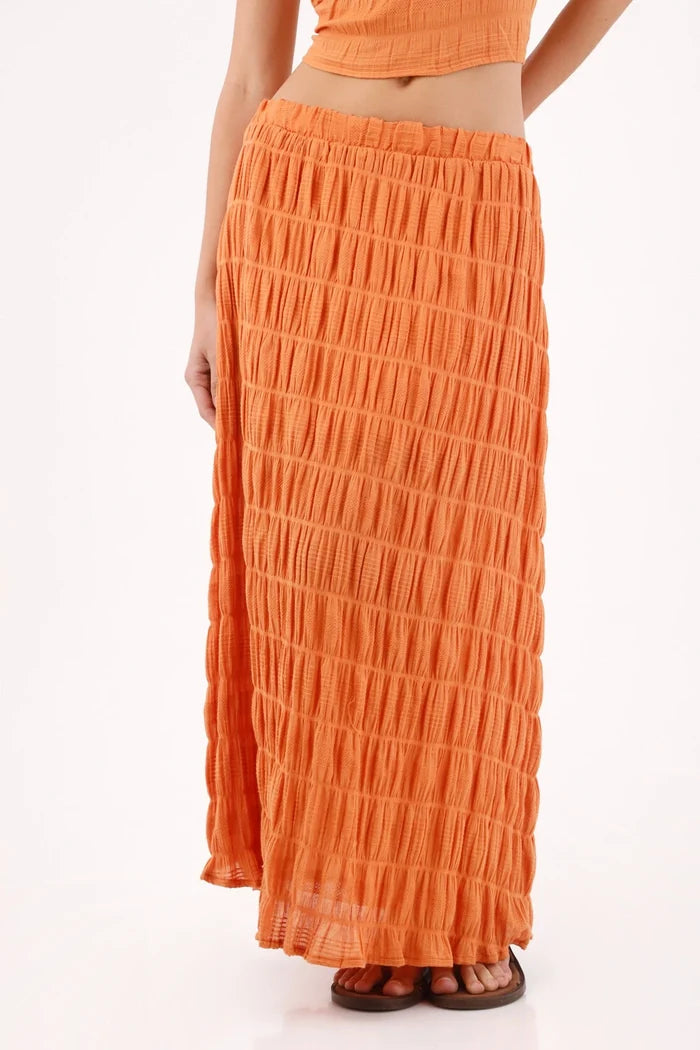 Long Skirt for Women in Orange Polyester with Fluid Fit and Wrinkled Stripe Texture