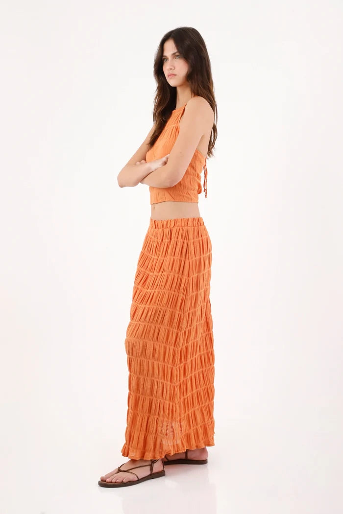 Long Skirt for Women in Orange Polyester with Fluid Fit and Wrinkled Stripe Texture