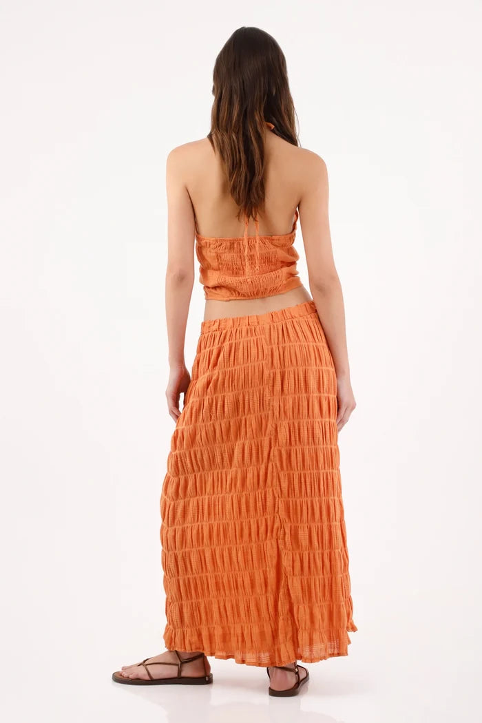 Long Skirt for Women in Orange Polyester with Fluid Fit and Wrinkled Stripe Texture