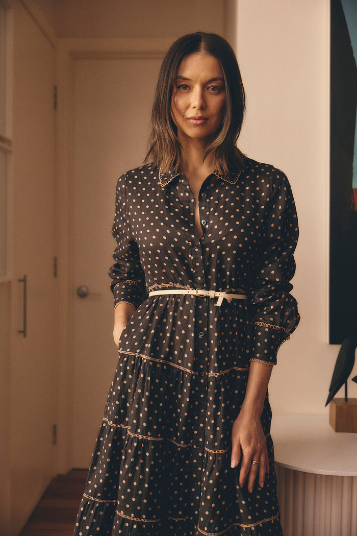 Long Sleeve Marlow Ramie Dress In Choc/Beige Spot