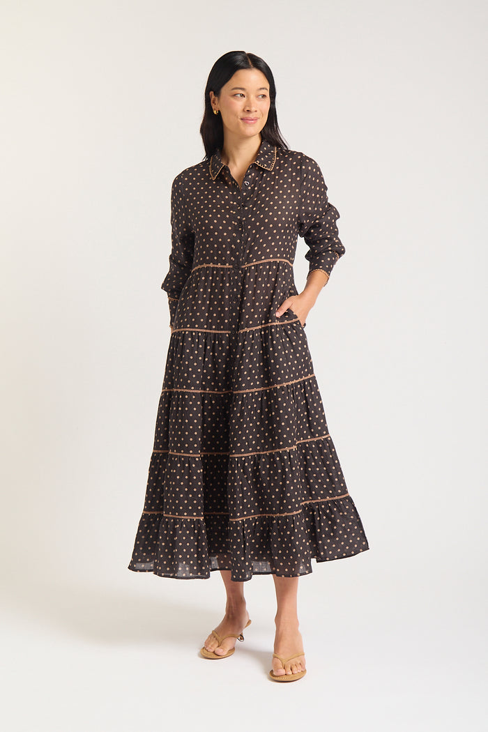 Long Sleeve Marlow Ramie Dress In Choc/Beige Spot