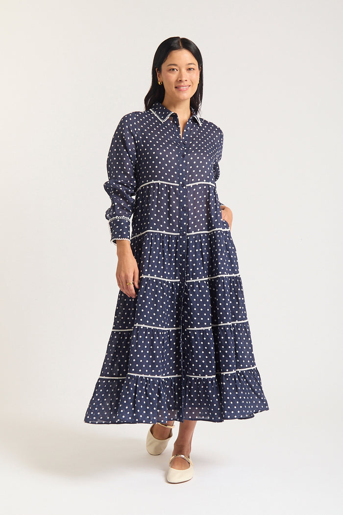 Long Sleeve Marlow Ramie Dress In Navy/Ivory Spot