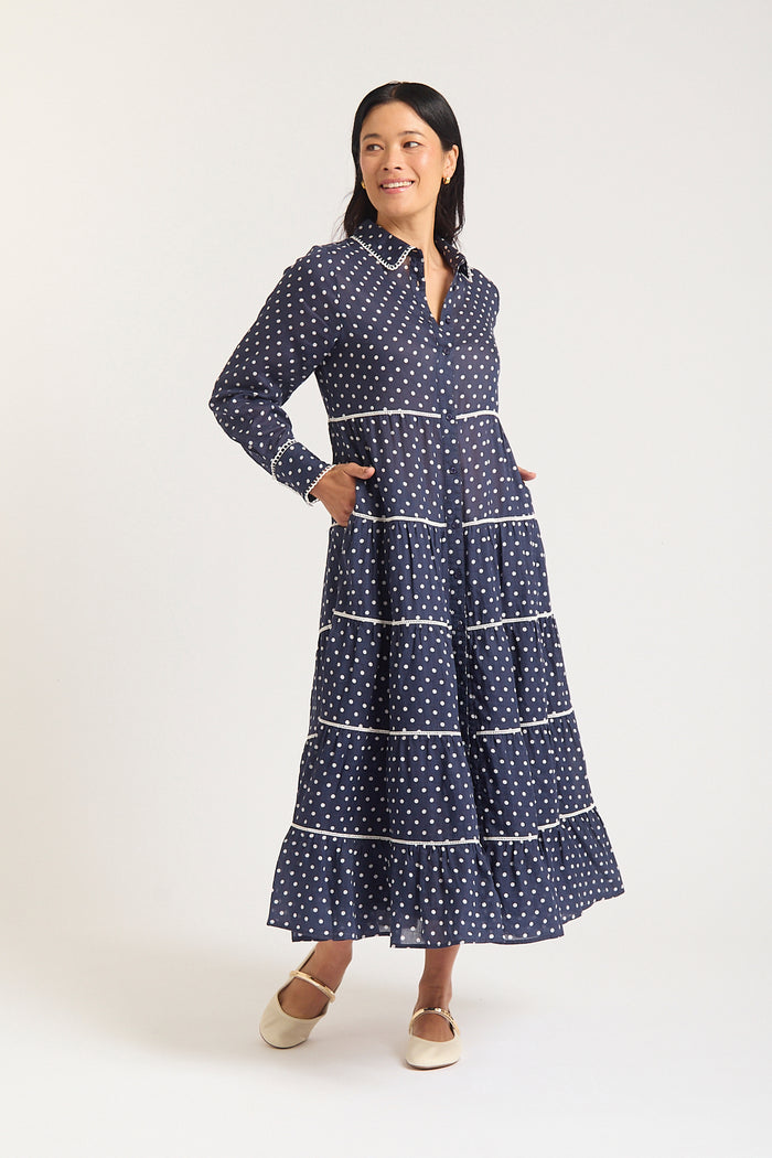 Long Sleeve Marlow Ramie Dress In Navy/Ivory Spot