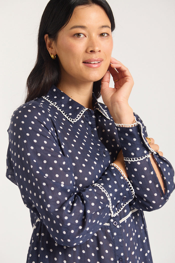 Long Sleeve Marlow Ramie Dress In Navy/Ivory Spot