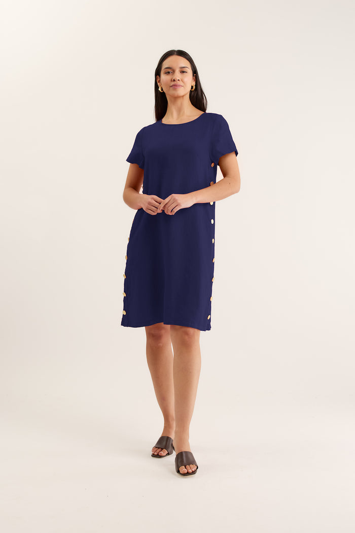 Louie Classic Linen Dress In Navy