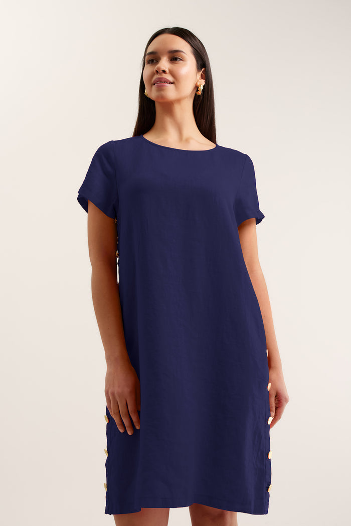 Louie Classic Linen Dress In Navy