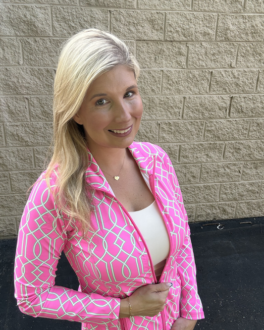 Lulu B Signature Geometric Zip Jacket – Pink & Kelly Green