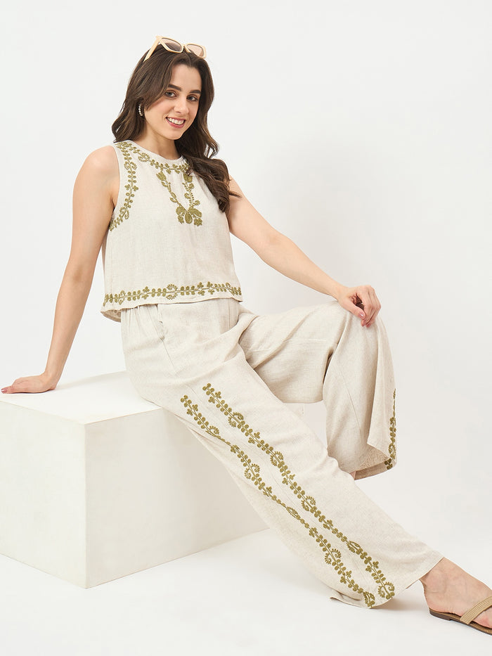 Madame Beige Embroidered Co-ord Set