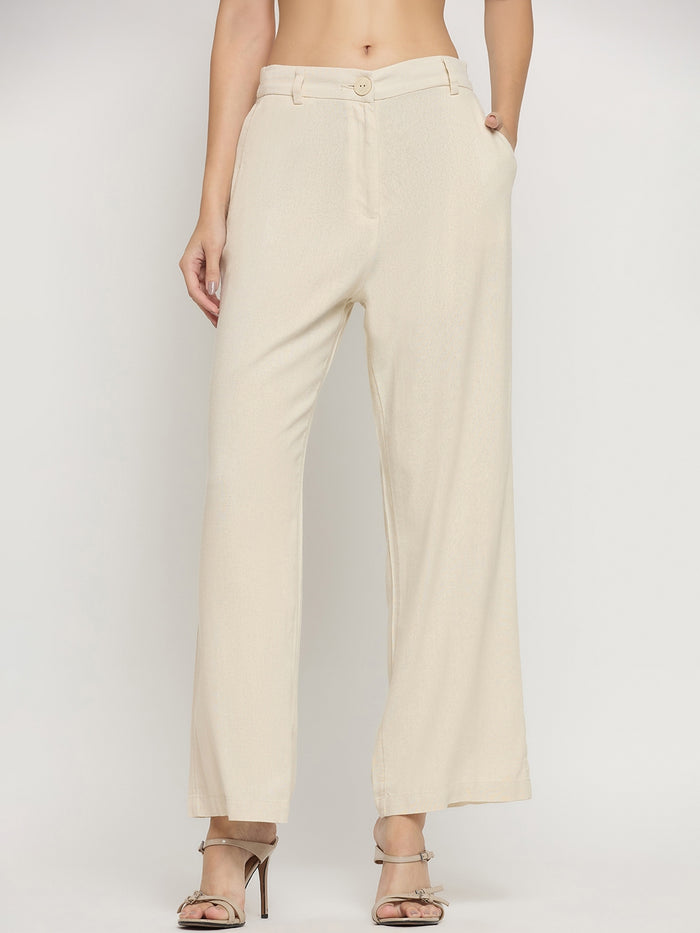 Madame Beige Rayon Linen Straight Fit Ankle Trousers
