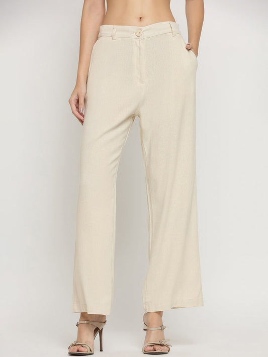 Madame Beige Rayon Linen Straight Fit Ankle Trousers