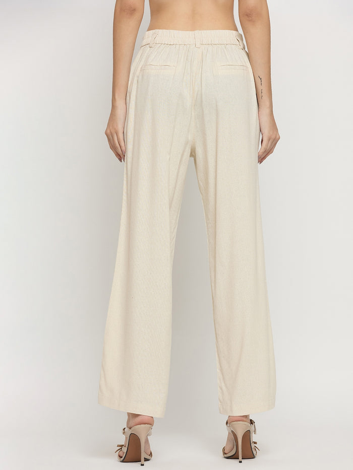 Madame Beige Rayon Linen Straight Fit Ankle Trousers