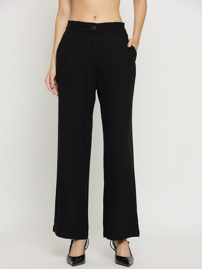 Madame Black Rayon Linen Straight Fit Ankle Trousers