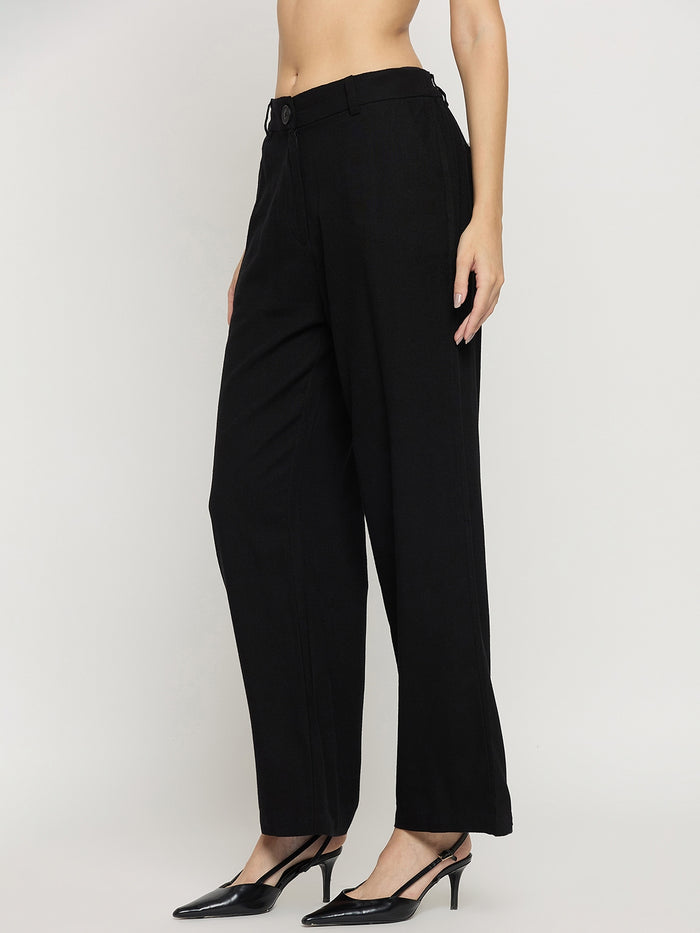 Madame Black Rayon Linen Straight Fit Ankle Trousers