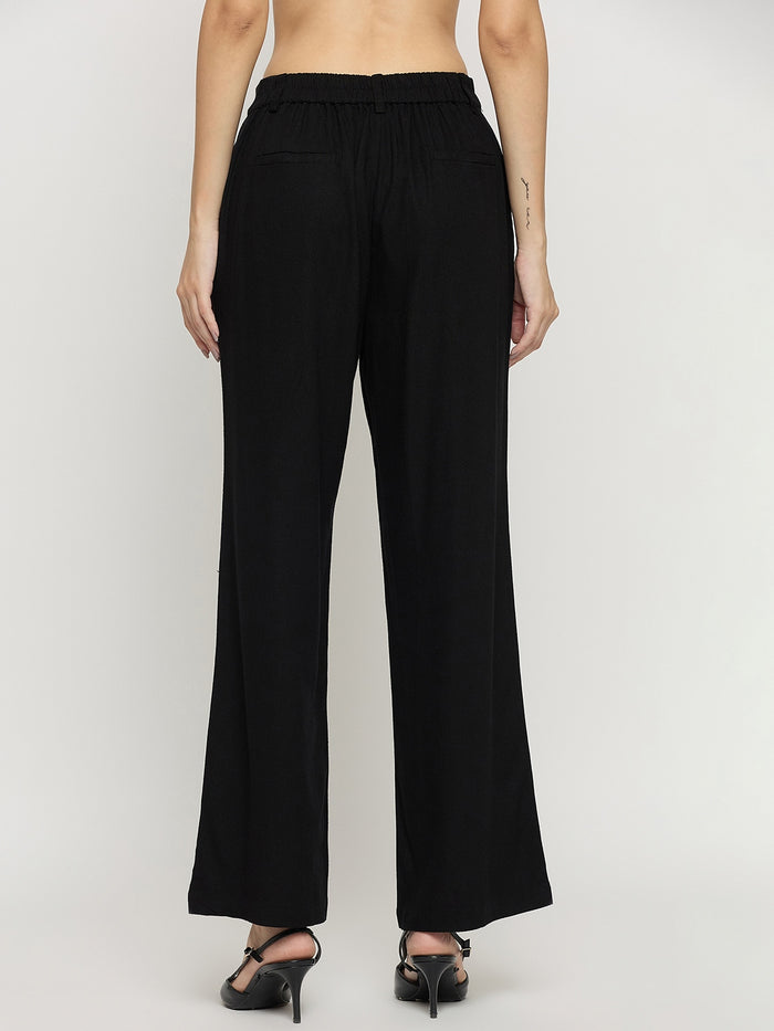 Madame Black Rayon Linen Straight Fit Ankle Trousers