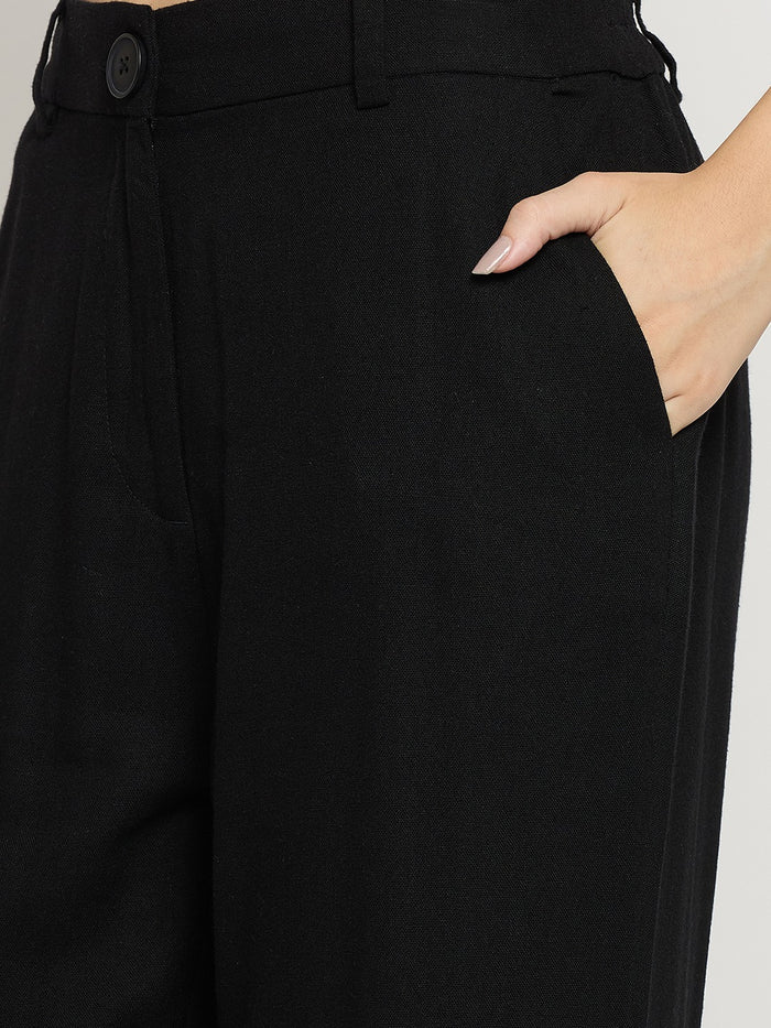 Madame Black Rayon Linen Straight Fit Ankle Trousers