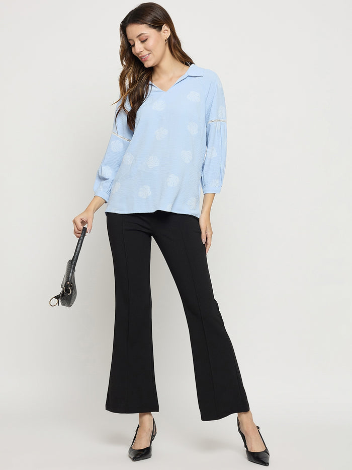 Madame Blue Printed Collar Puff Sleeve Top