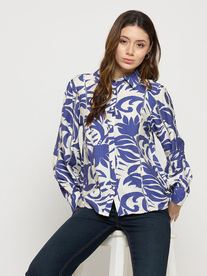 Madame Blue Rayon Full Sleeve Midi Shirt